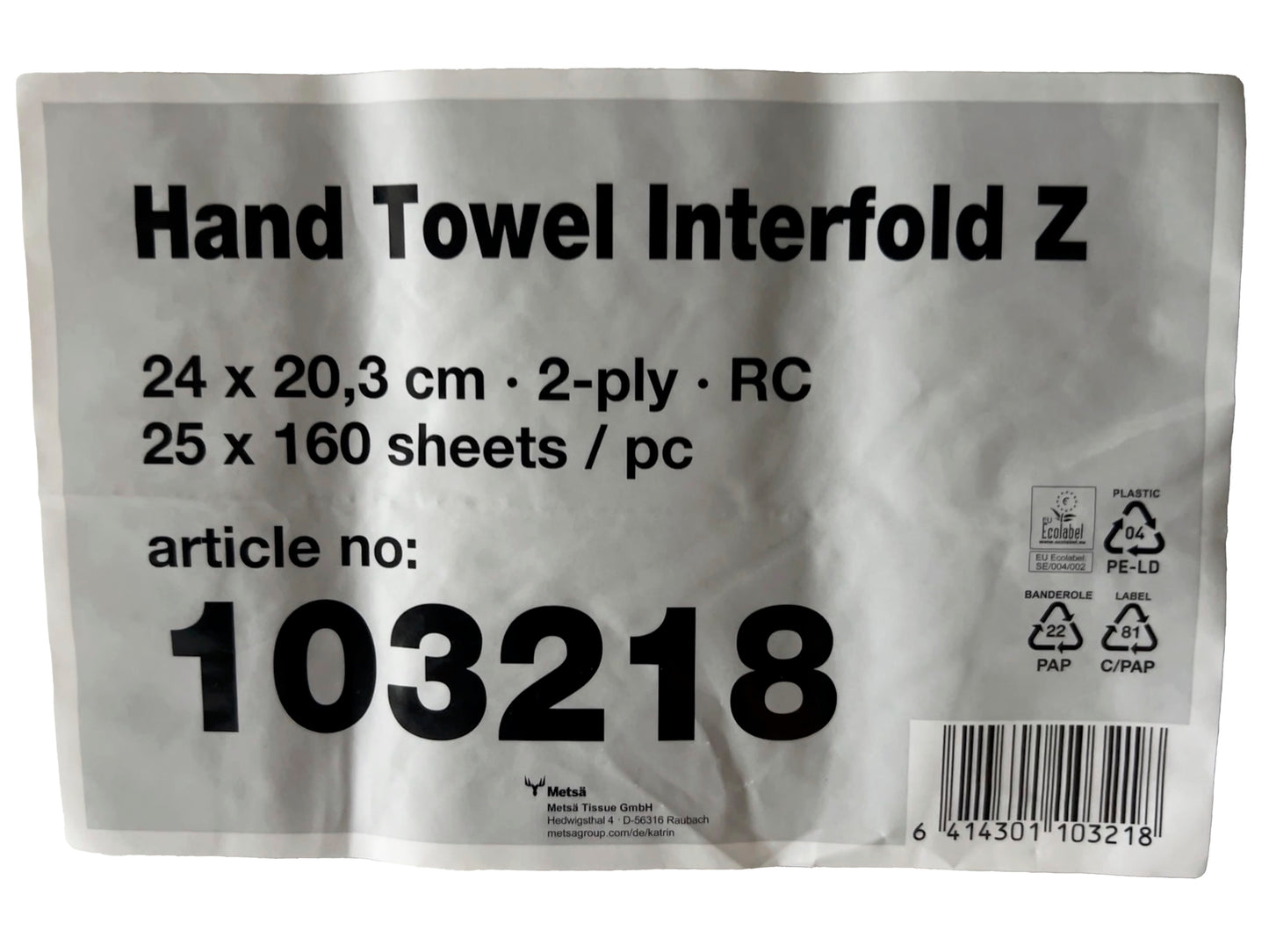 Hand Towel Interfold Z mit Maßangaben, Label und Artikelnummer