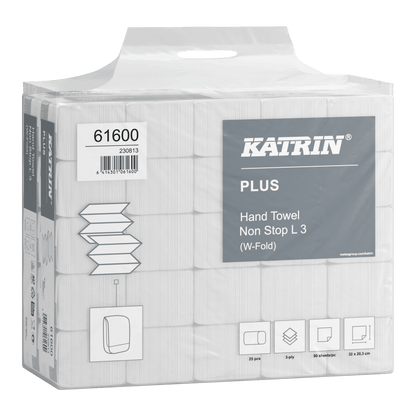 Verpackung mit gefalteten Papierhandtüchern von KATRIN, W-Fold-System