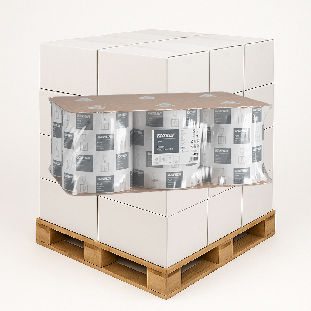 Holzpalette mit gestapelten Kartons und einer Handtuchpapier-Verpackung