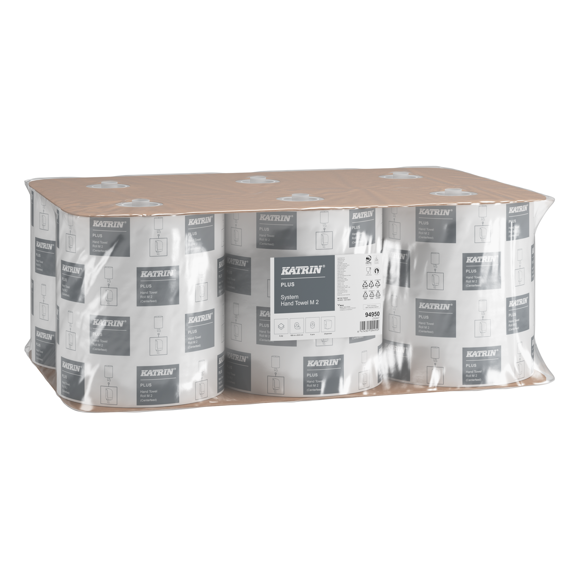 Weiße Handtuchpapierrollenpackung mit 6 Rollen mit KATRIN Plus Kennzeichnung