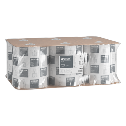 Weiße Handtuchpapierrollenpackung mit 6 Rollen mit KATRIN Plus Kennzeichnung