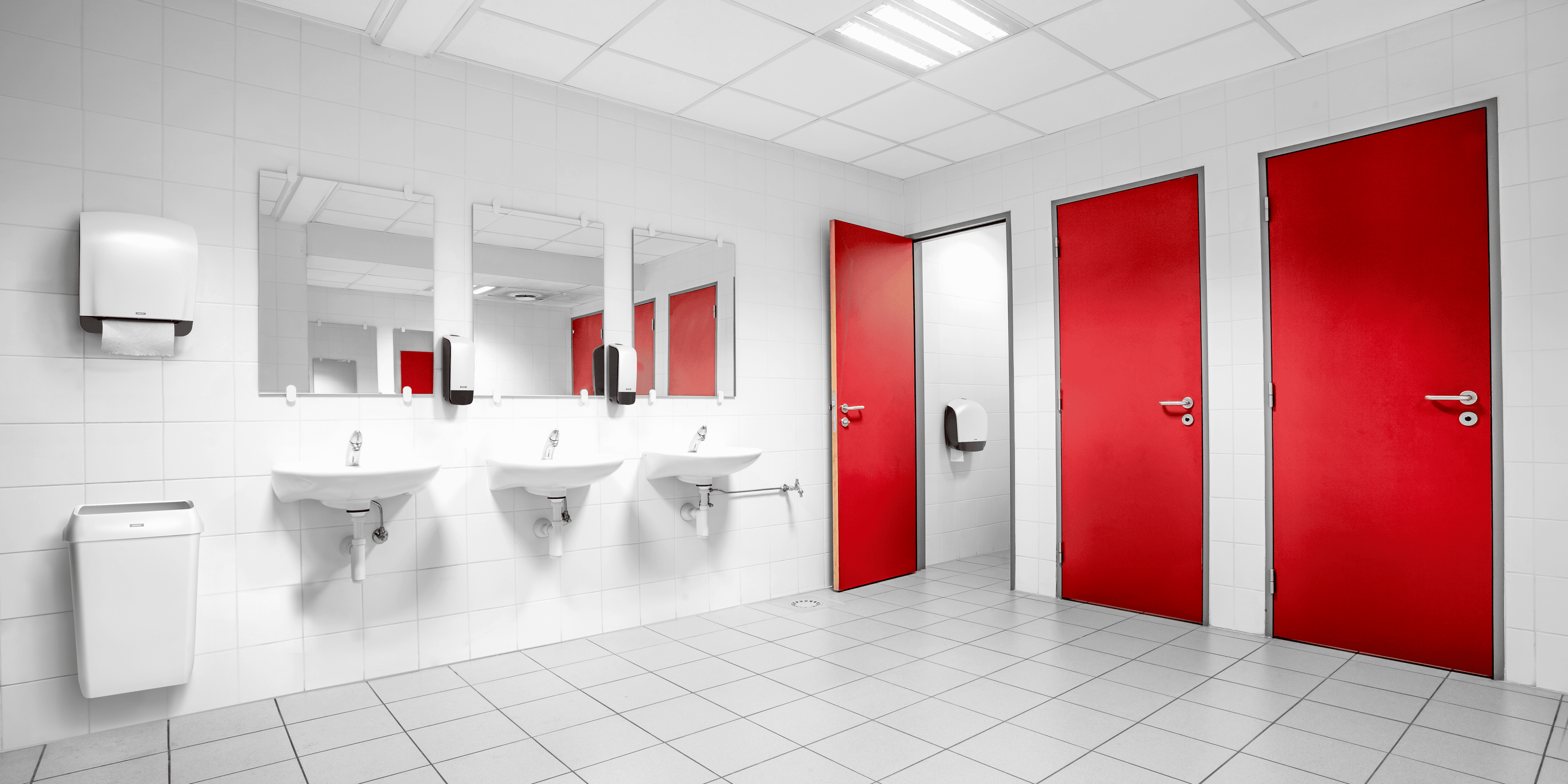 Toilette mit Waschbecken und Spendern für Reinigungsartikel der Marke Tork