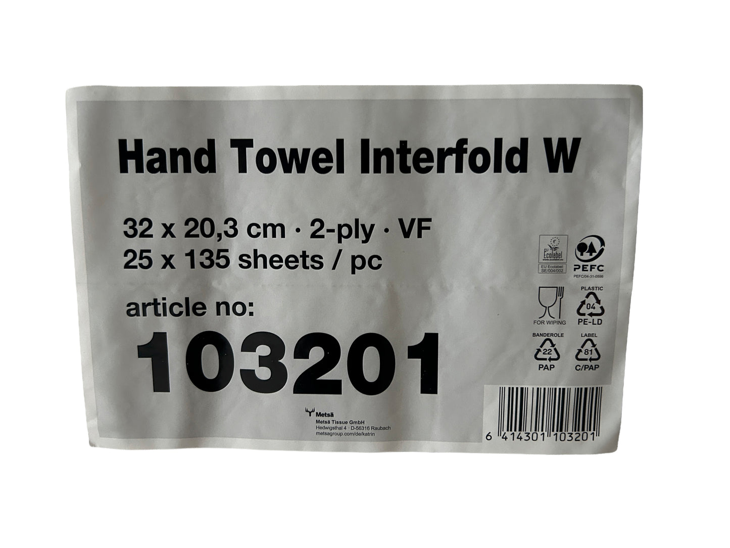 Hand Towel Interfold W mit Artikelnummer, Label und Barcode