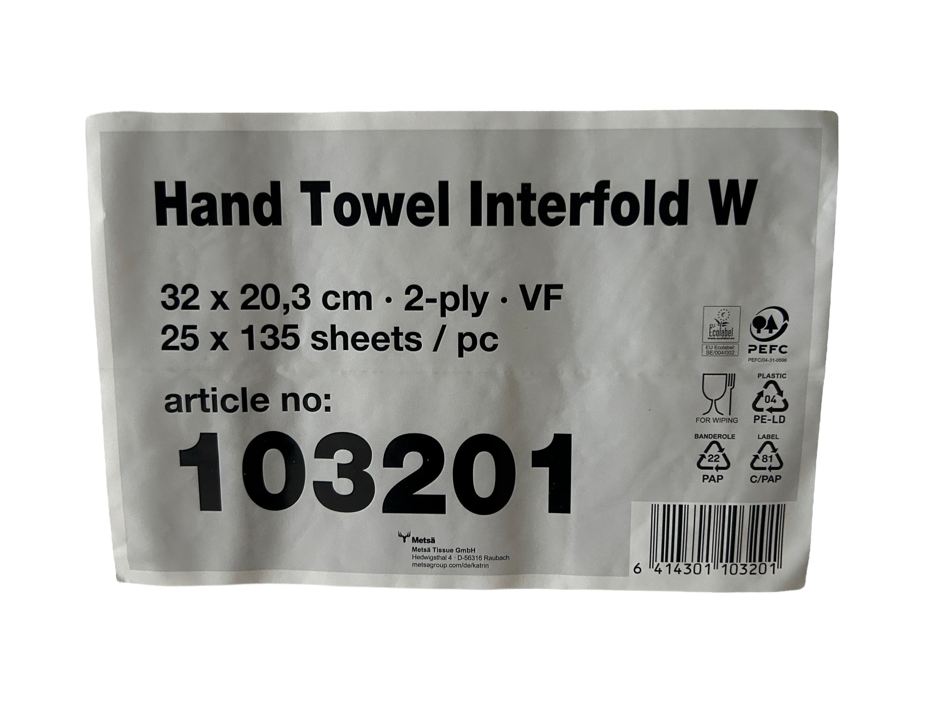 Hand Towel Interfold W mit Artikelnummer, Label und Barcode
