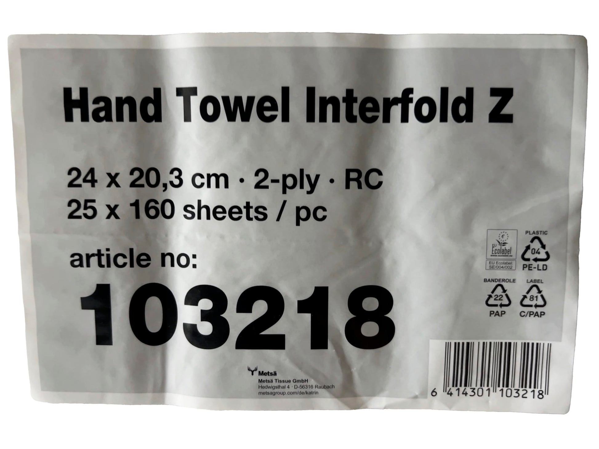 Hand Towel Interfold Z mit Maßangaben und Artikelnummer 