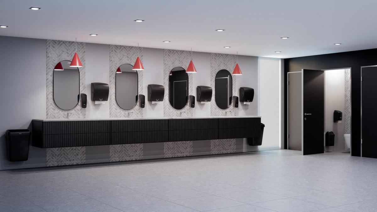 Luxus Toilettenbereich mit Spendersystemen und Waschbecken