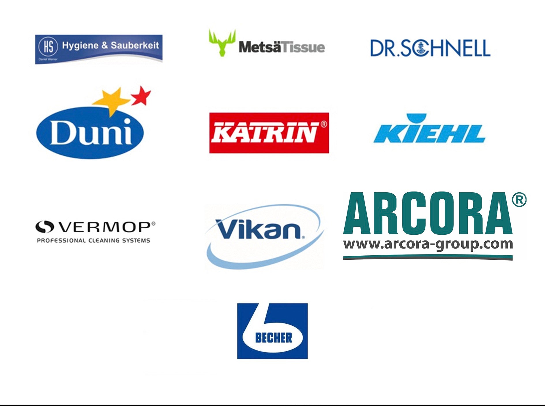 Unsere Marken aufgelistet mit HS Hygiene & Sauberkeit Daniel Werner GmbH, MetsäTissue, Dr.Schnell, Duni, KATRIN, Kiehl, Vermop, Vikan, ARCORA,Dr.Becher